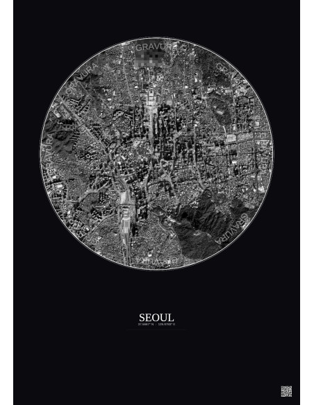 Seoul Satellite View Poster 2.5km B&W | Gravura – Dark background