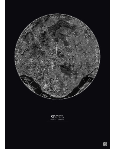 Seoul Satellite View Poster 6km B&W | Gravura – Dark background