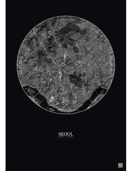 Seoul Satellite View Poster 6km B&W | Gravura – Dark background