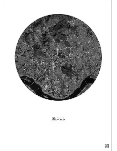Seoul Satellite View Poster 6km B&W | Gravura – Light background