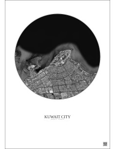 Affiche Kuwait City – Poster vue satellite 10km N&B | Gravura – Fond clair
