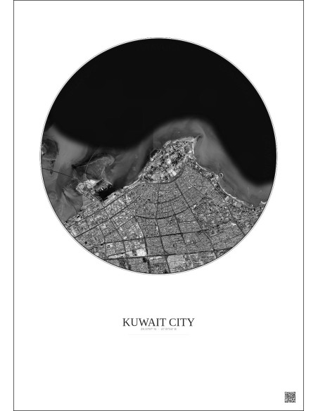 Affiche Kuwait City – Poster vue satellite 10km N&B | Gravura – Fond clair