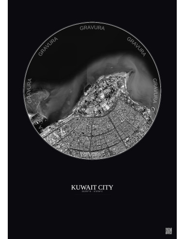 Affiche Kuwait City – Poster vue satellite 6km N&B | Gravura – Fond foncé