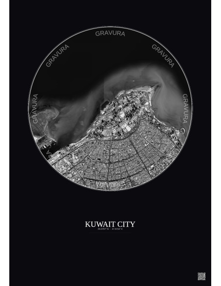 Affiche Kuwait City – Poster vue satellite 6km N&B | Gravura – Fond foncé