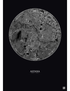 Affiche Astana – Poster vue satellite 10km N&B | Gravura – Fond foncé