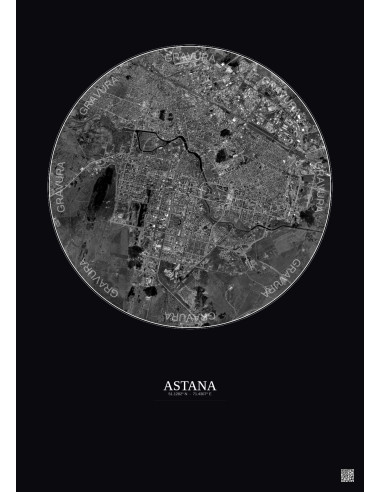 Astana Satellite View Poster 10km B&W | Gravura – Dark background