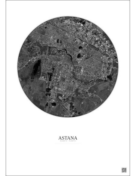 Affiche Astana – Poster vue satellite 10km N&B | Gravura – Fond clair