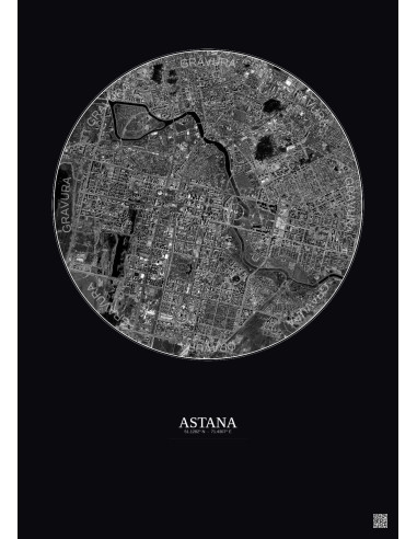 Affiche Astana – Poster vue satellite 6km N&B | Gravura – Fond foncé