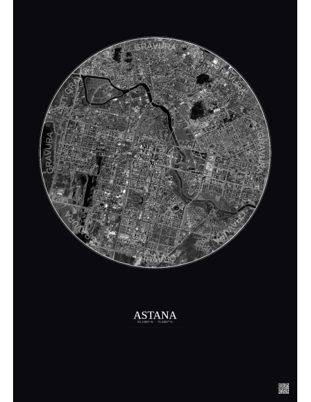 Affiche Astana – Poster vue satellite 6km N&B | Gravura – Fond foncé