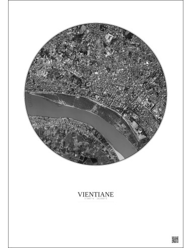 Affiche Vientiane – Poster vue satellite 2.5km N&B | Gravura – Fond clair