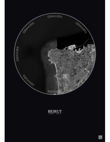 Affiche Beirut – Poster vue satellite 6km N&B | Gravura – Fond foncé