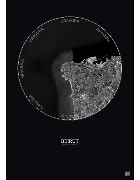 Affiche Beirut – Poster vue satellite 6km N&B | Gravura – Fond foncé