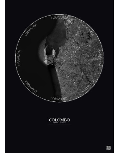 Affiche Colombo – Poster vue satellite 10km N&B | Gravura – Fond foncé