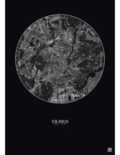 Affiche Vilnius – Poster vue satellite 6km N&B | Gravura – Fond foncé