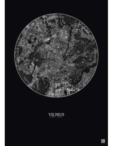Affiche Vilnius – Poster vue satellite 6km N&B | Gravura – Fond foncé