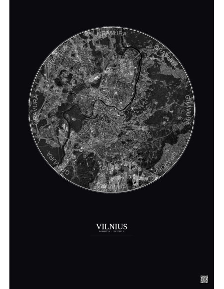 Affiche Vilnius – Poster vue satellite 6km N&B | Gravura – Fond foncé