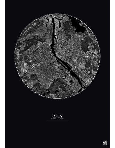 Affiche Riga – Poster vue satellite 10km N&B | Gravura – Fond foncé