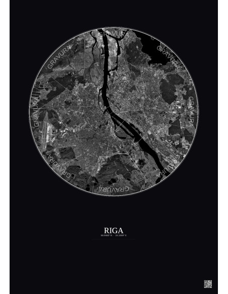 Affiche Riga – Poster vue satellite 10km N&B | Gravura – Fond foncé