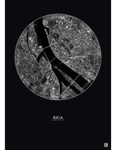 Affiche Riga – Poster vue satellite 2.5km N&B | Gravura – Fond foncé