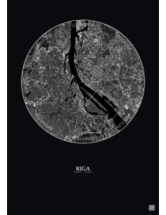 Affiche Riga – Poster vue satellite 6km N&B | Gravura – Fond foncé