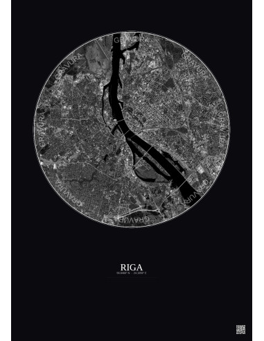 Affiche Riga – Poster vue satellite 6km N&B | Gravura – Fond foncé
