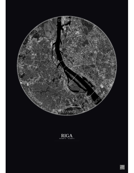 Affiche Riga – Poster vue satellite 6km N&B | Gravura – Fond foncé