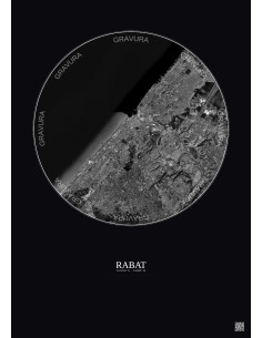 Affiche Rabat – Poster vue satellite 10km N&B | Gravura – Fond foncé