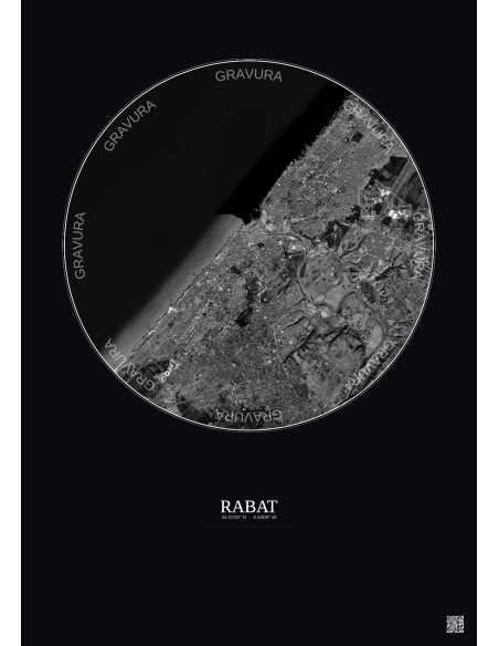 Affiche Rabat – Poster vue satellite 10km N&B | Gravura – Fond foncé