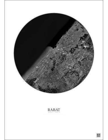 Affiche Rabat – Poster vue satellite 10km N&B | Gravura – Fond clair