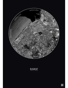 Affiche Rabat – Poster vue satellite 2.5km N&B | Gravura – Fond foncé