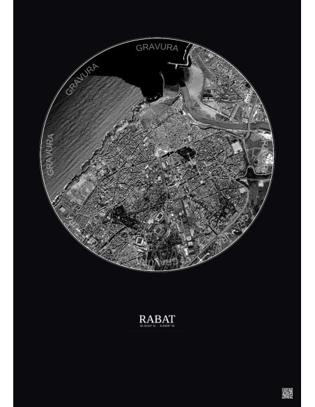 Affiche Rabat – Poster vue satellite 2.5km N&B | Gravura – Fond foncé