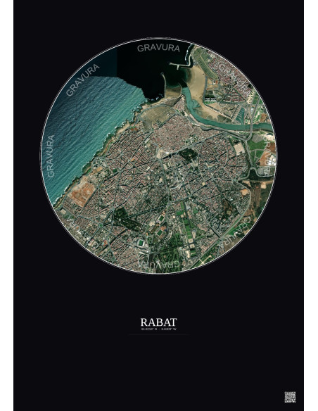 Affiche Rabat – Poster vue satellite 2.5km Couleur | Gravura – Fond foncé