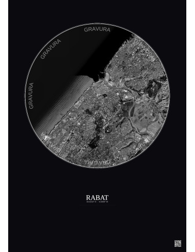 Affiche Rabat – Poster vue satellite 6km N&B | Gravura – Fond foncé