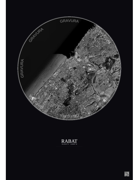 Affiche Rabat – Poster vue satellite 6km N&B | Gravura – Fond foncé