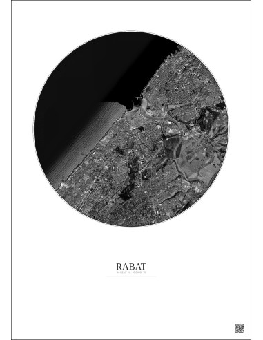 Affiche Rabat – Poster vue satellite 6km N&B | Gravura – Fond clair