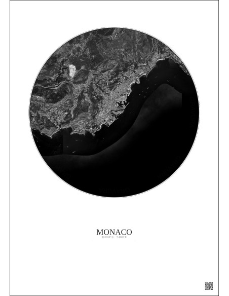 Affiche Monaco – Poster vue satellite 5km N&B | Gravura – Fond clair