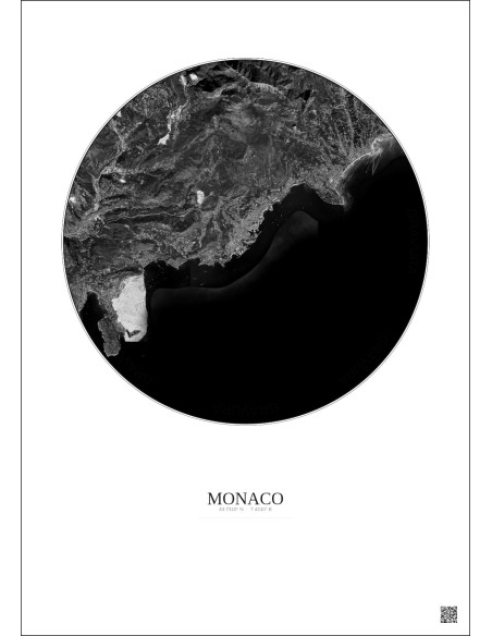Affiche Monaco – Poster vue satellite 10km N&B | Gravura – Fond clair
