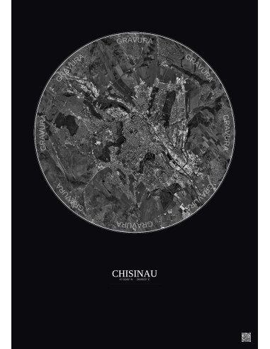 Chisinau Satellite View Poster 10km B&W | Gravura – Dark background