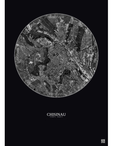 Affiche Chisinau – Poster vue satellite 6km N&B | Gravura – Fond foncé