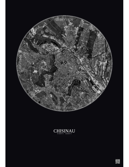 Affiche Chisinau – Poster vue satellite 6km N&B | Gravura – Fond foncé