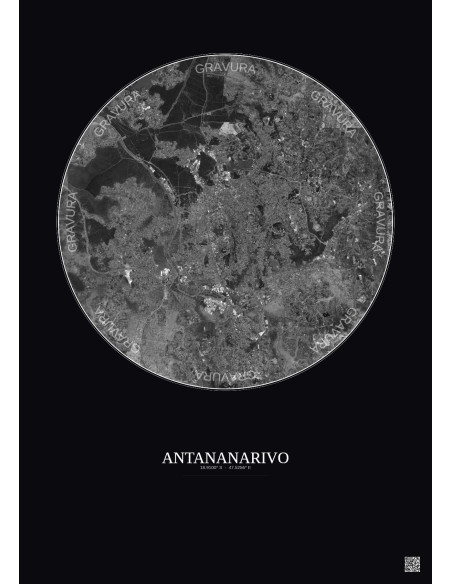 Affiche Antananarivo – Poster vue satellite 10km N&B | Gravura – Fond foncé