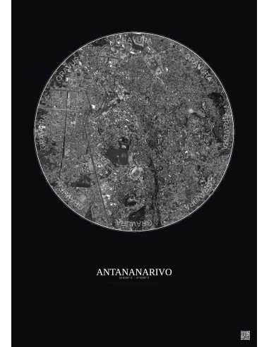 Affiche Antananarivo – Poster vue satellite 2.5km N&B | Gravura – Fond foncé