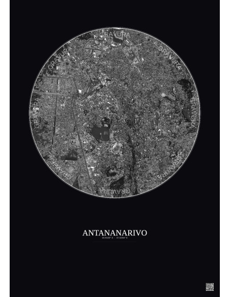 Affiche Antananarivo – Poster vue satellite 2.5km N&B | Gravura – Fond foncé