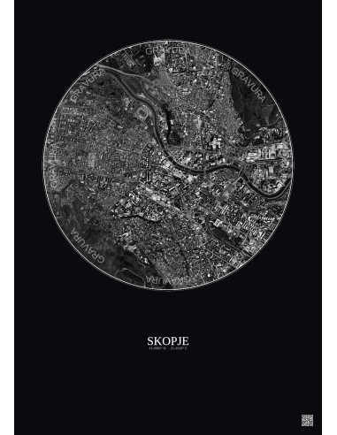 Skopje Satellite View Poster 2.5km B&W | Gravura – Dark background