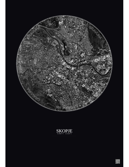 Skopje Satellite View Poster 2.5km B&W | Gravura – Dark background