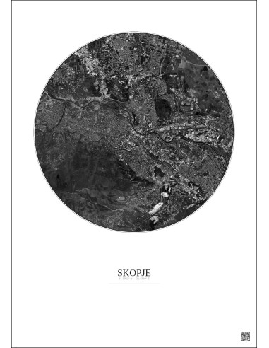 Affiche Skopje – Poster vue satellite 6km N&B | Gravura – Fond clair