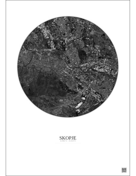 Affiche Skopje – Poster vue satellite 6km N&B | Gravura – Fond clair