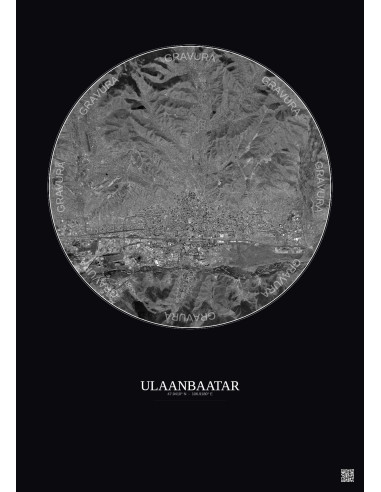 Affiche Ulaanbaatar – Poster vue satellite 10km N&B | Gravura – Fond foncé