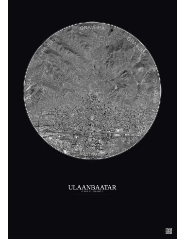 Affiche Ulaanbaatar – Poster vue satellite 6km N&B | Gravura – Fond foncé