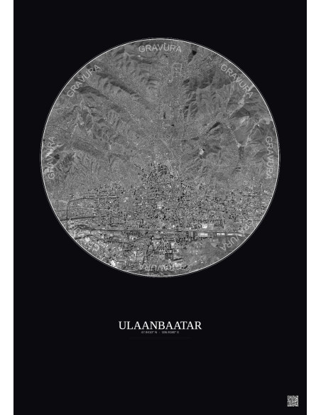 Affiche Ulaanbaatar – Poster vue satellite 6km N&B | Gravura – Fond foncé